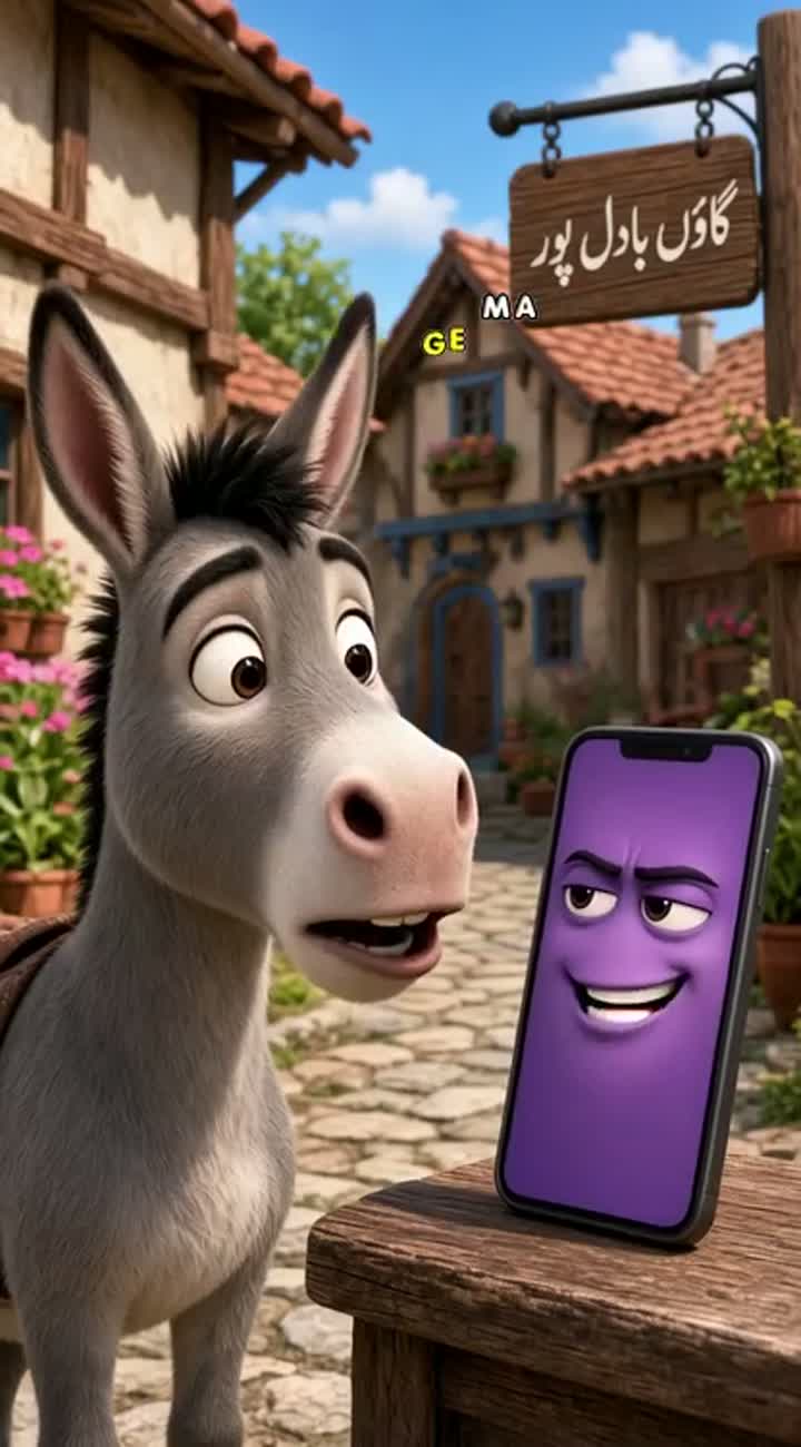 A funny, vibrant 3D cartoon donkey stands in a charming village… — AI cartoon
