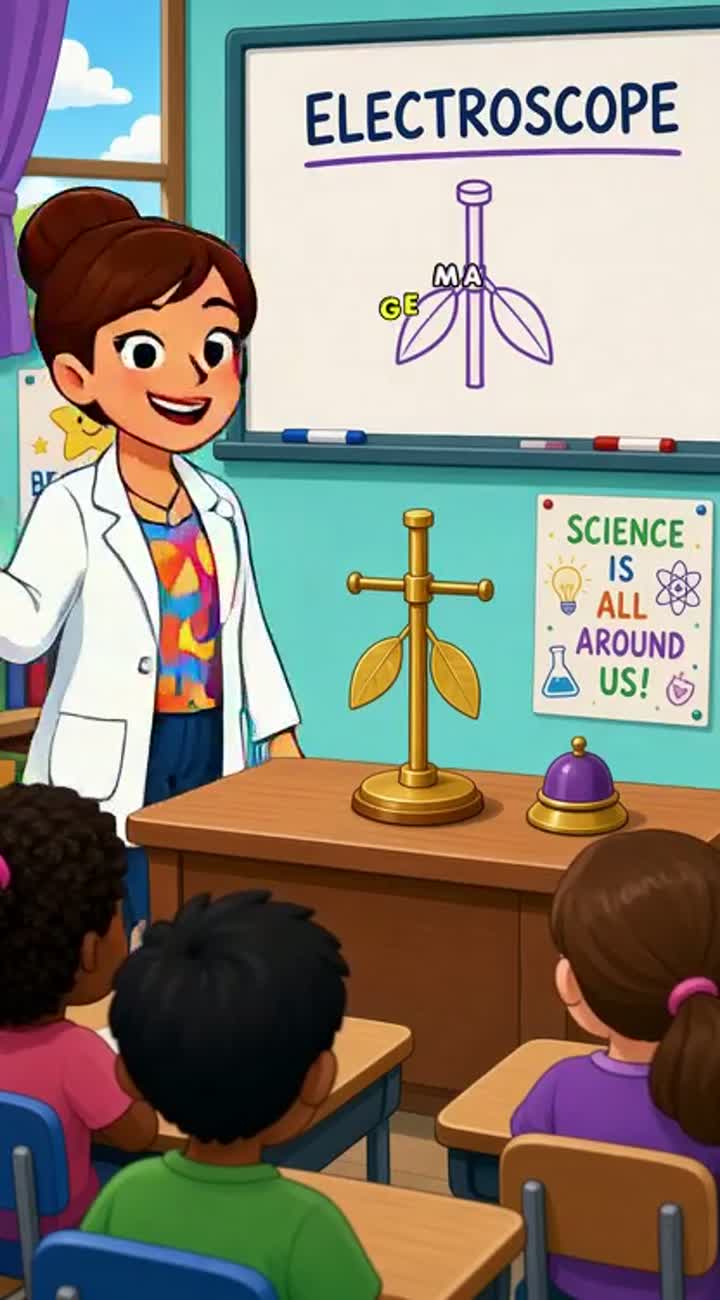 A cartoon teacher in a classroom explains an electroscope to students — AI cartoon