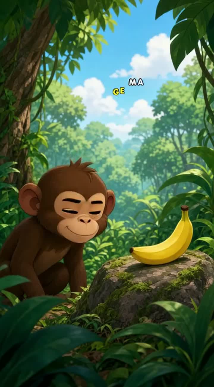 A hungry monkey sees a banana — AI cartoon