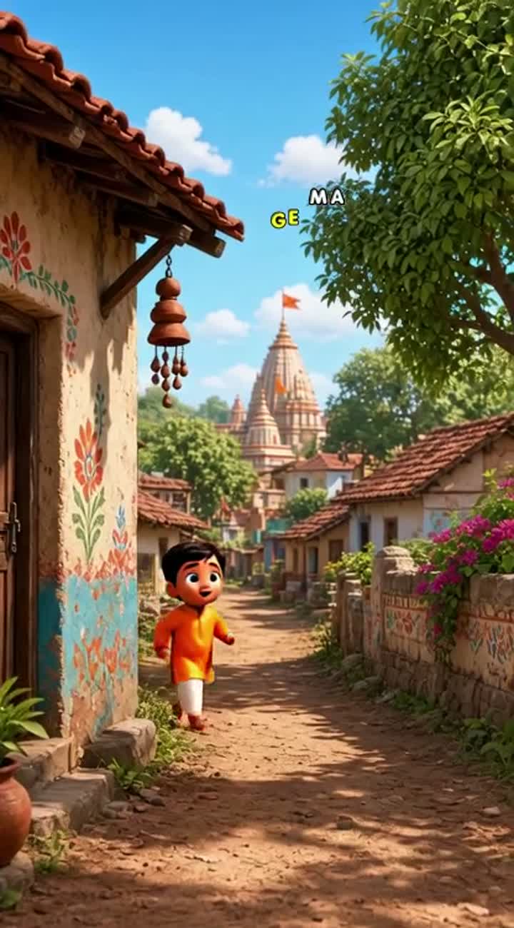 A cute 3D cartoon boy finds a magical golden puppy in an Indian… — AI cartoon