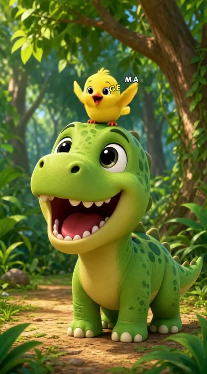 A tiny yellow bird lands on the dinosaur's head… — AI cartoon