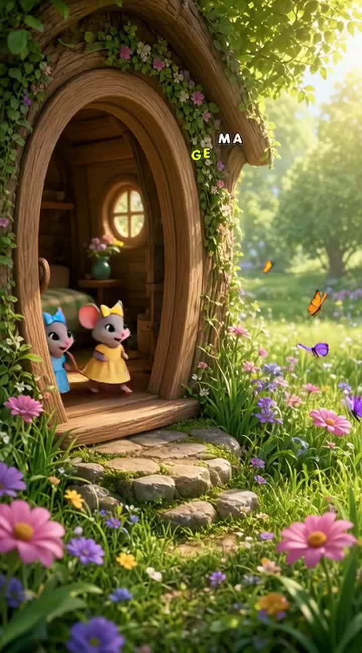 The same three cute cartoon mice wake up in their cozy wooden… — AI cartoon