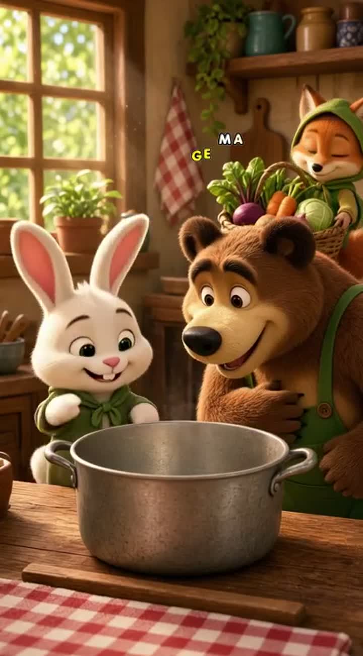 In a cozy woodland kitchen on a sunny morning… — AI cartoon