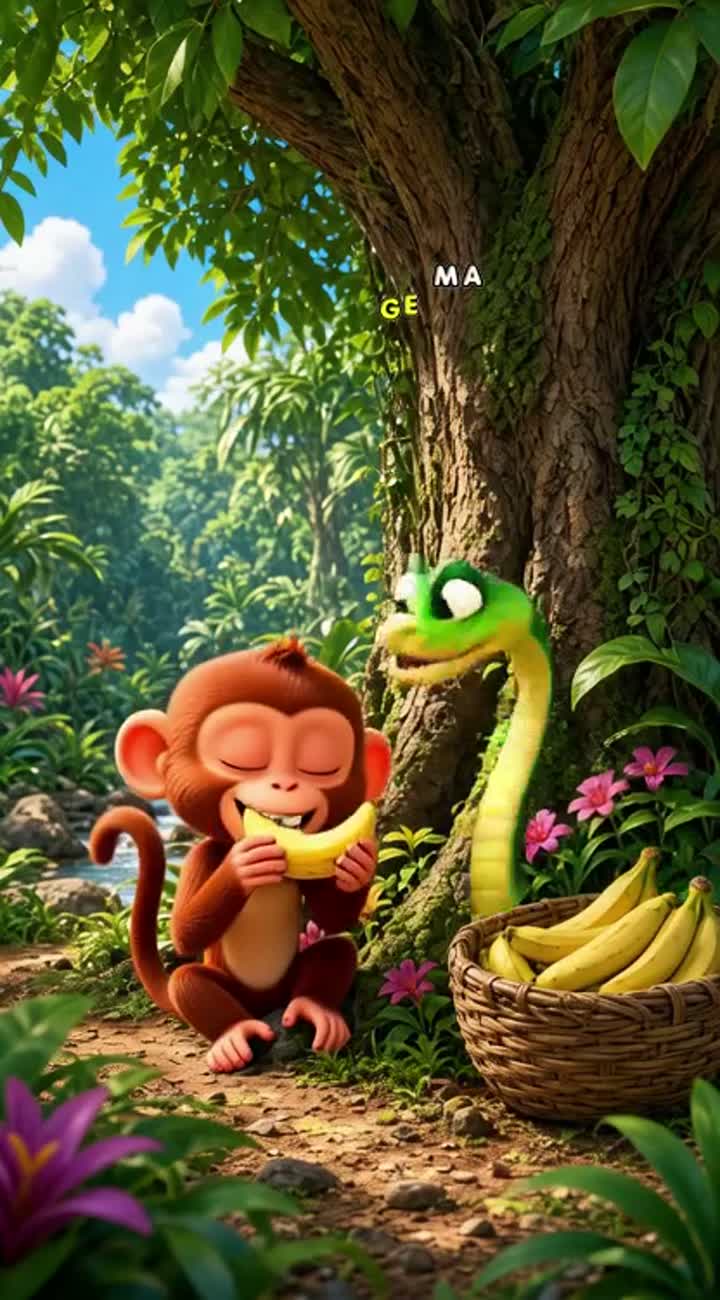 Colorful, funny 3D cartoon animation featuring a cute brown monkey… — AI cartoon