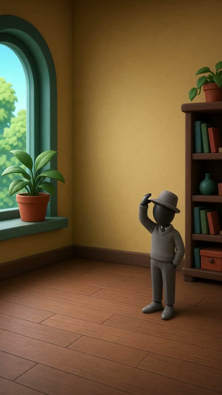 A black 3d mannequin wearing a grey Dobb hat tilted on his head… — AI cartoon