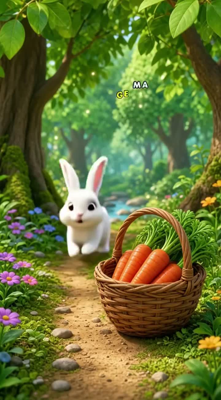 A cute little white rabbit with big brown eyes discovers a basket… — AI cartoon
