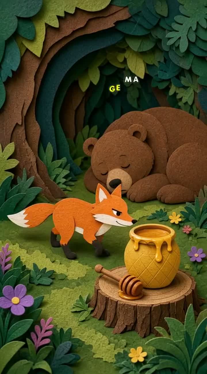 A paper-cut-out fox sneaks past a sleeping bear to steal honey — AI cartoon
