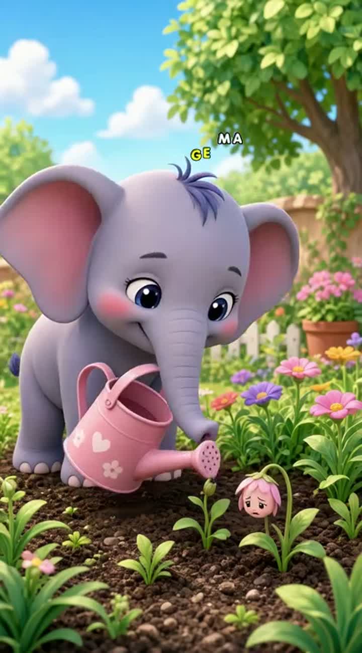 Ellie the elephant loved watering the garden — AI cartoon