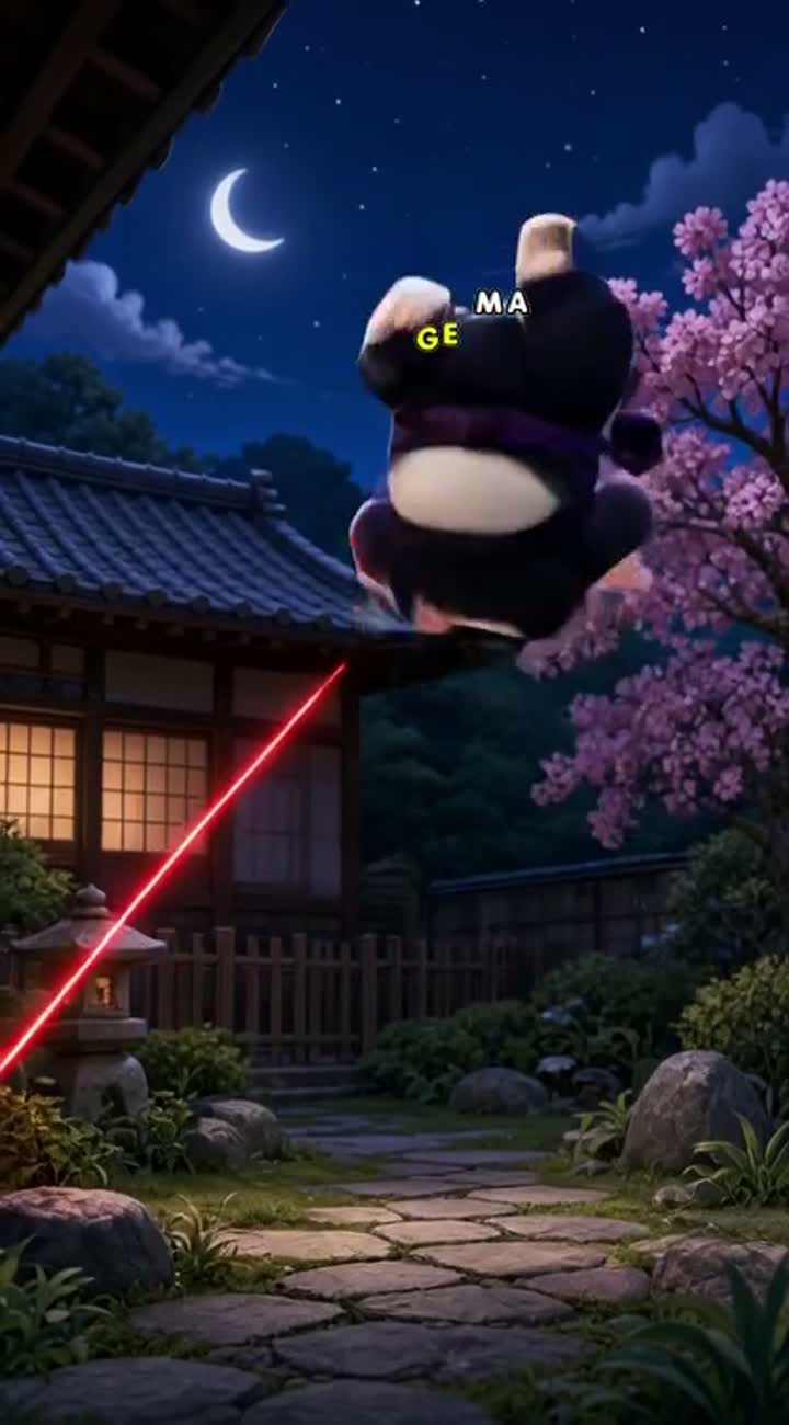 A chubby ninja cat trying to catch a red laser light and doing… — AI cartoon