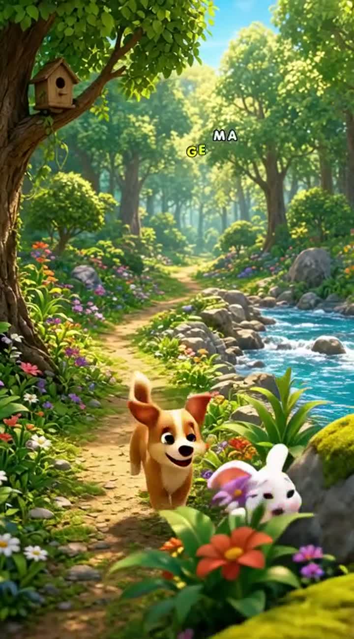 A cute dog and a tiny rabbit living in a beautiful forest — AI cartoon