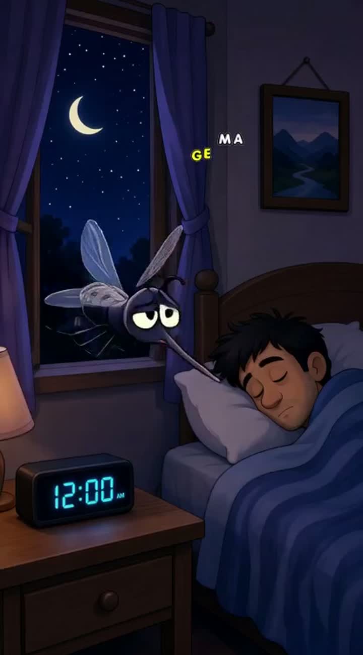 A funny cartoon mosquito enters a bedroom at midnight and sings… — AI cartoon