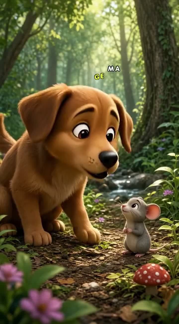 Smooth, fluid animation, featuring a friendly dog and a tiny mouse… — AI cartoon