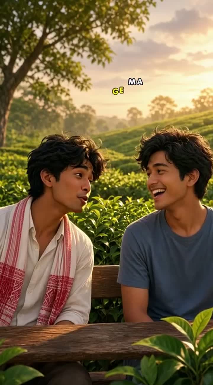 Cinematic medium shot, golden hour evening in an Assam tea garden — AI cartoon