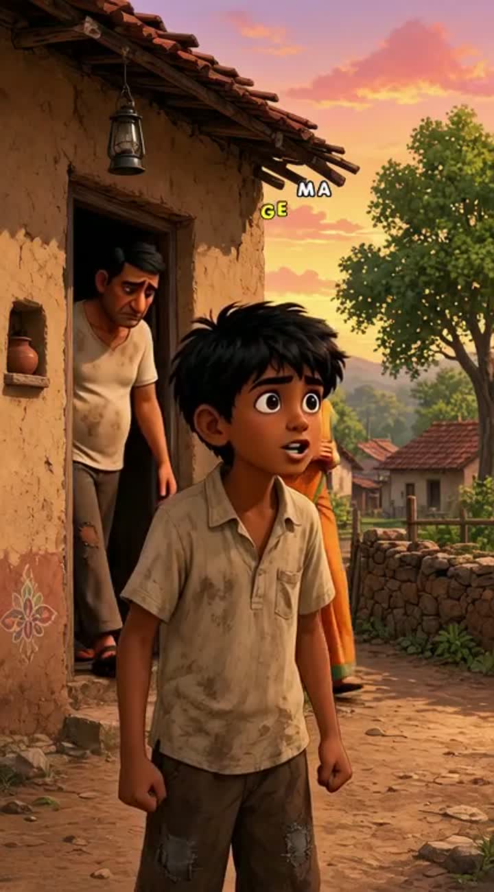 A vibrant, colourful animated cartoon set in a rural village… — AI cartoon