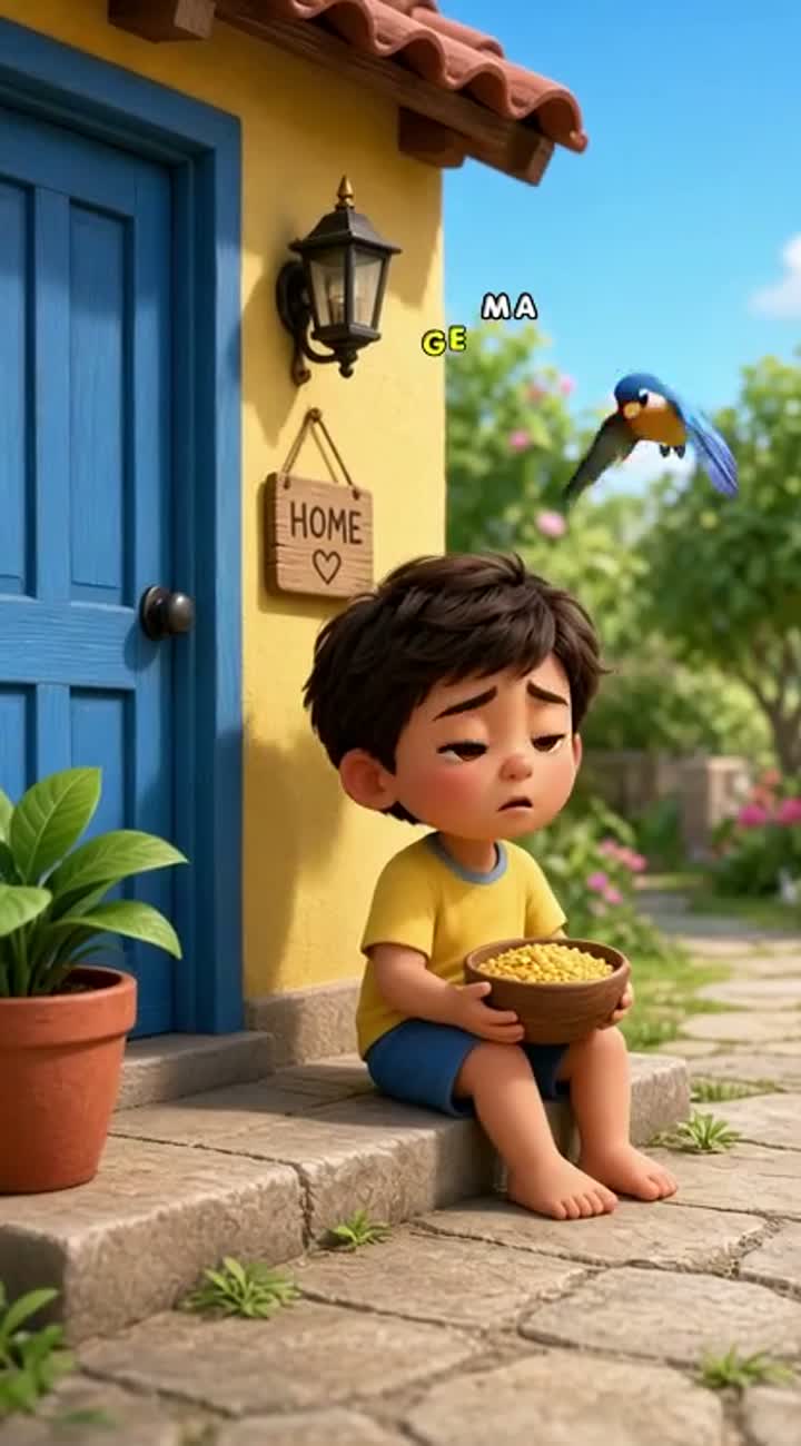 Cute 3D cartoon animation, a little boy sits outside his house… — AI cartoon