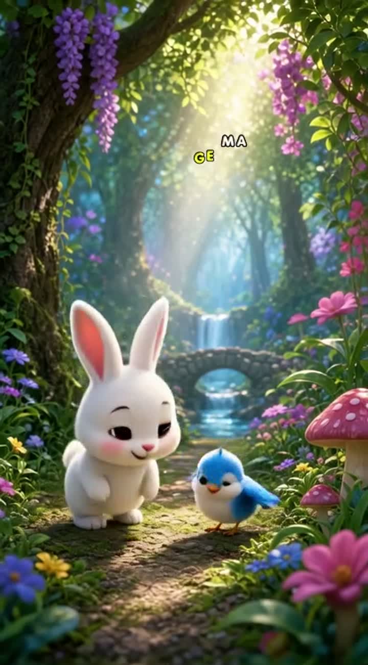 A cute white bunny helps a little blue bird find its mother… — AI cartoon