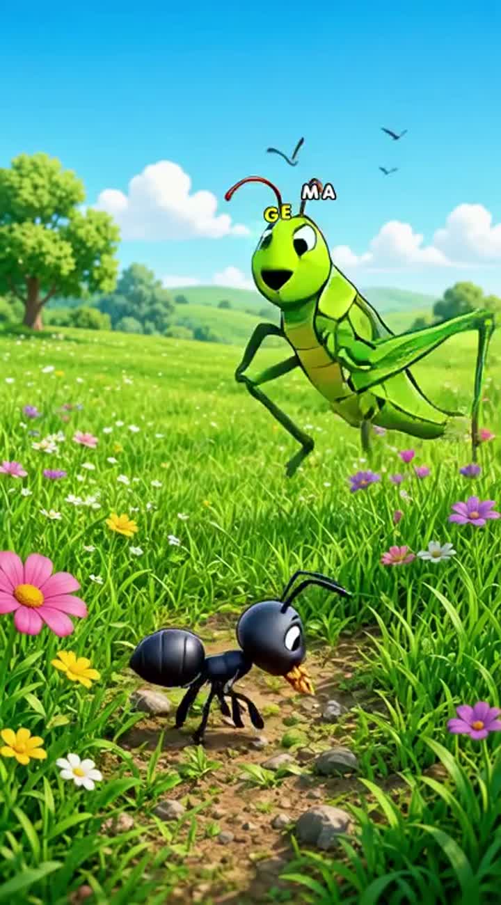In a green field, a small ant lives and works from morning until… — AI cartoon