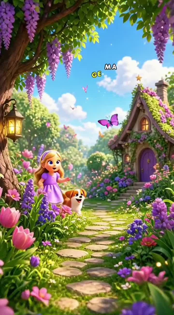 Una niña llamada Luna juega con su perrito Chispa en un jardín mágico — AI cartoon