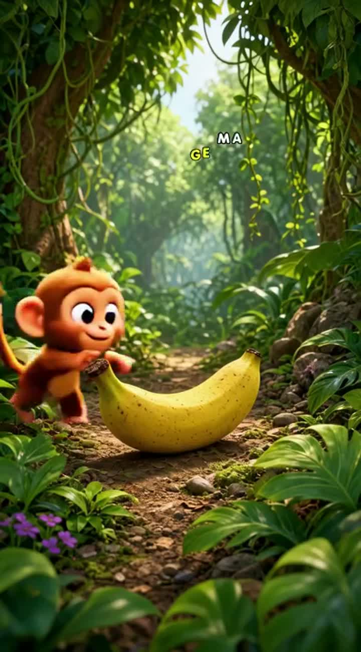 A cute baby monkey finds a giant banana in a beautiful jungle — AI cartoon