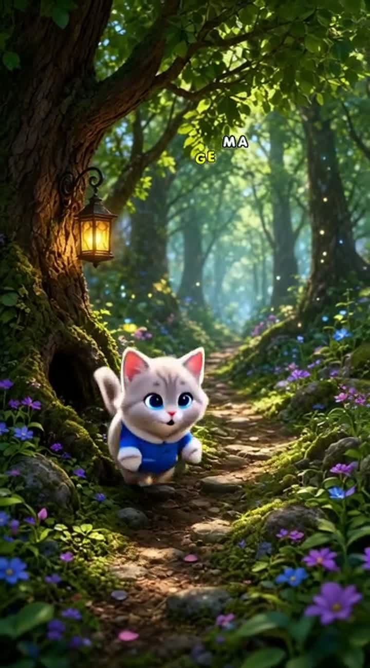 A cute little cartoon cat wearing a blue jacket explores a magical… — AI cartoon