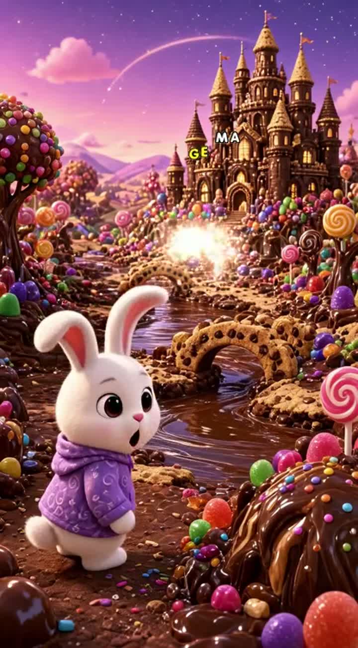 A cute white bunny named Bobo discovers a magical Chocolate Land… — AI cartoon