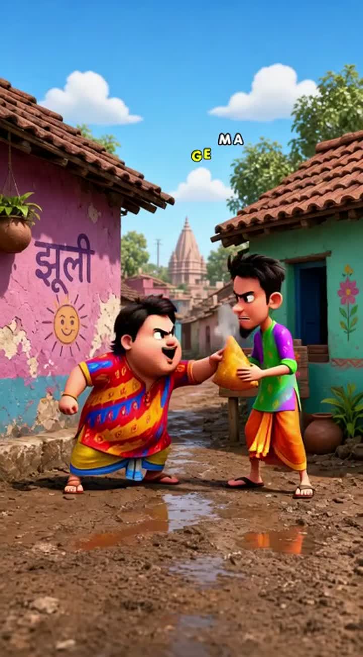 Two silly characters, Jhooli and Gola, fight over a samosa… — AI cartoon