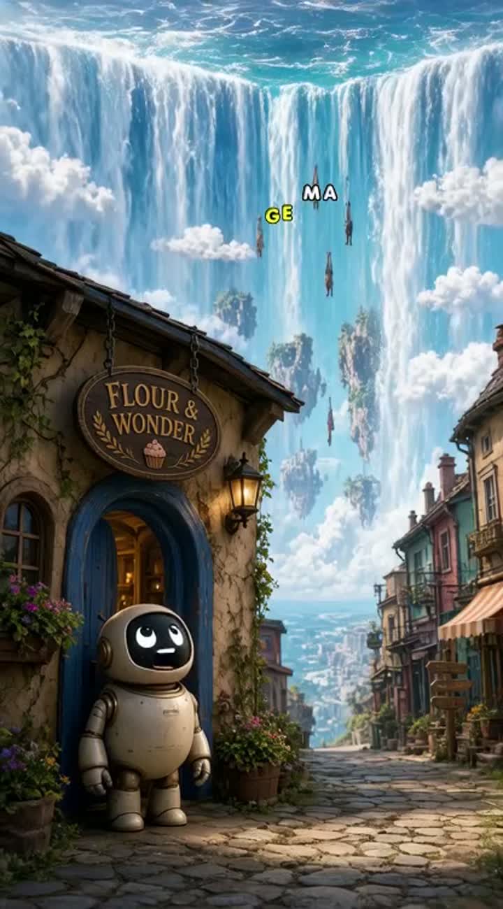 A shy robot learns to bake, Pixar styleA funny surreal cartoon… — AI cartoon