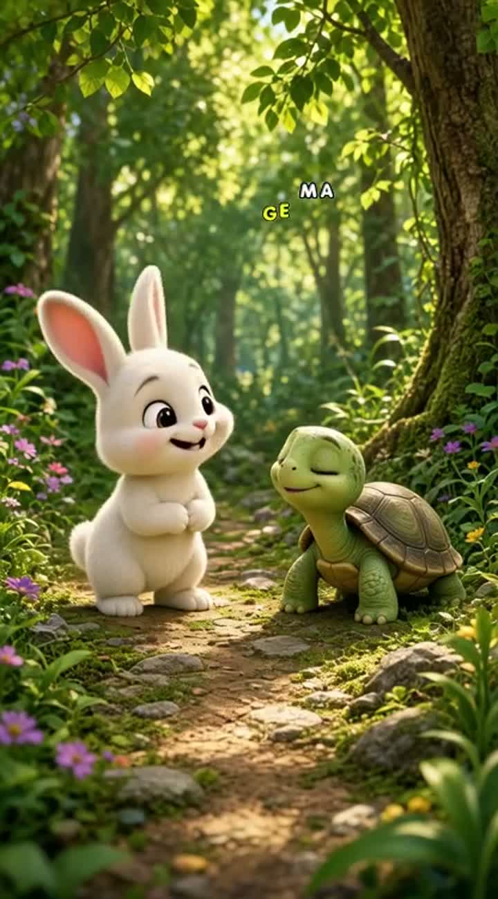 A little rabbit meets a small turtle in a beautiful green forest — AI cartoon