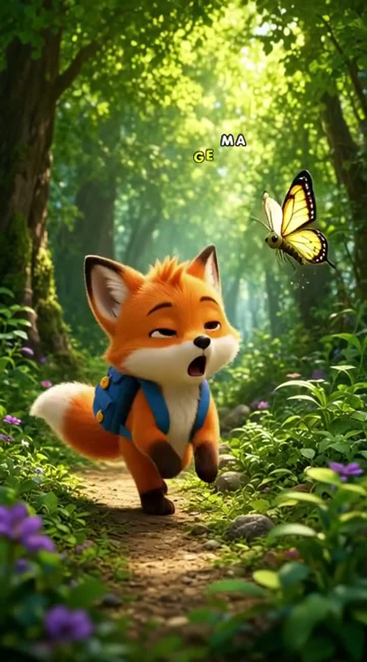 An adorable baby fox with a blue backpack discovers a glowing… — AI cartoon