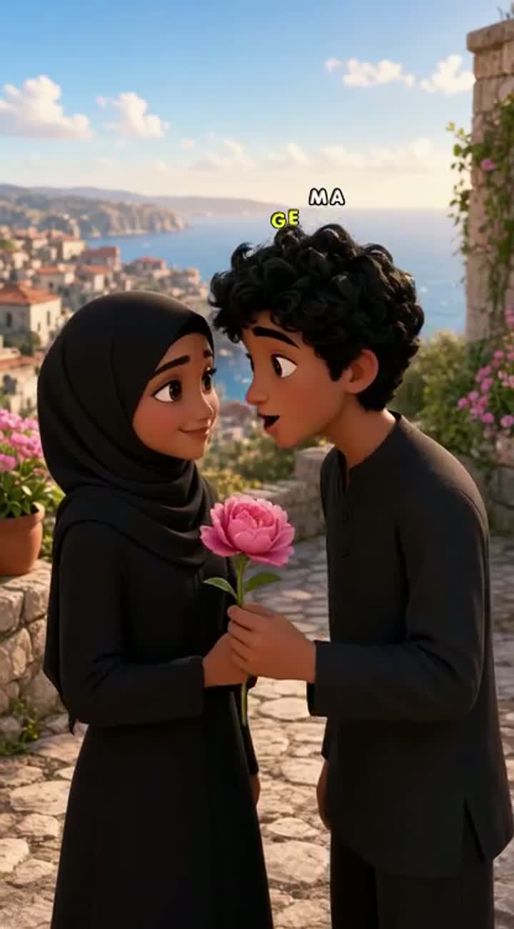 Maak een romantische 3D-tekenfilm over een meisje met een zwarte… — AI cartoon