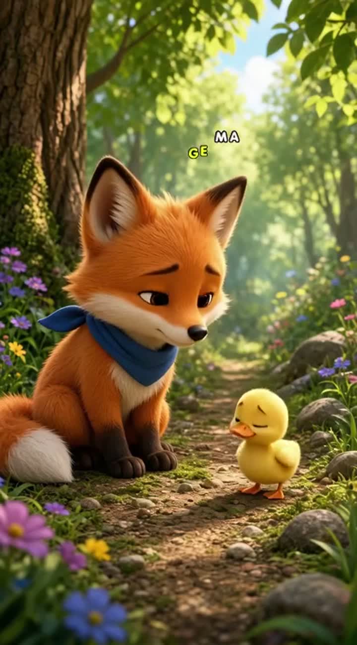 A cute small orange fox named Falfoul with a blue scarf discovers… — AI cartoon