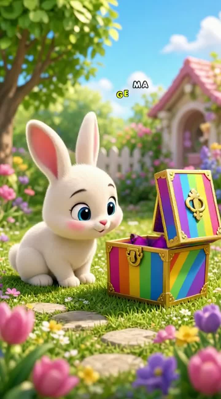 A cute baby bunny with big blue eyes discovers a magical rainbow… — AI cartoon