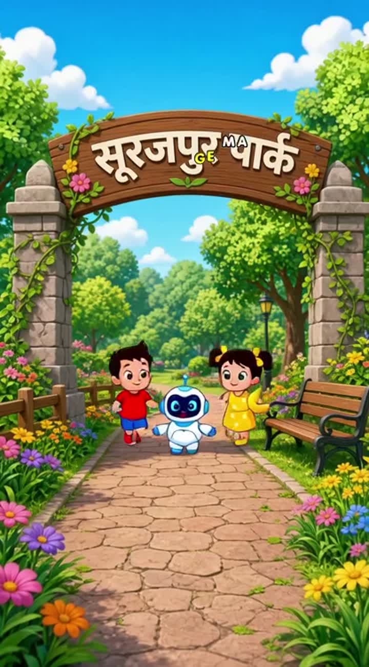 A small cute robot and two children are playing in a park — AI cartoon