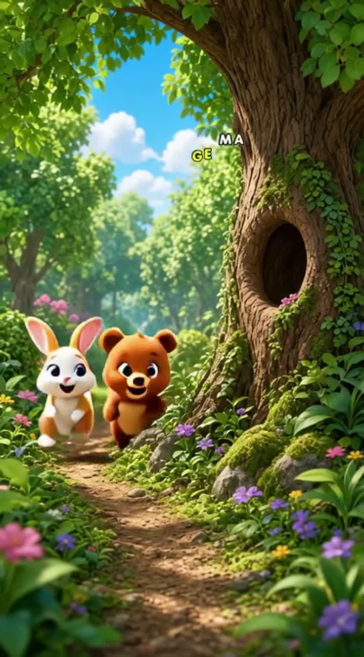 A cute little rabbit and a friendly baby bear live in a beautiful… — AI cartoon