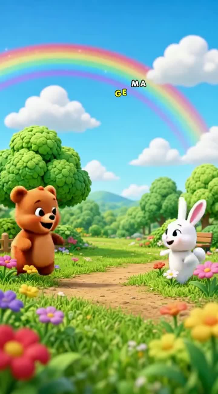 A cute, friendly brown baby bear named Bobo dances in a sunny… — AI cartoon