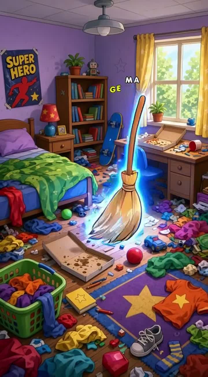 A messy room gets cleaned at lightning speed using an imaginary… — AI cartoon
