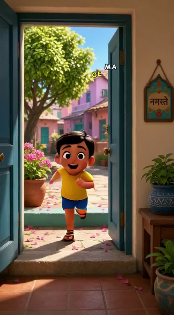 Chintu wakes up in a colorful Indian home — AI cartoon