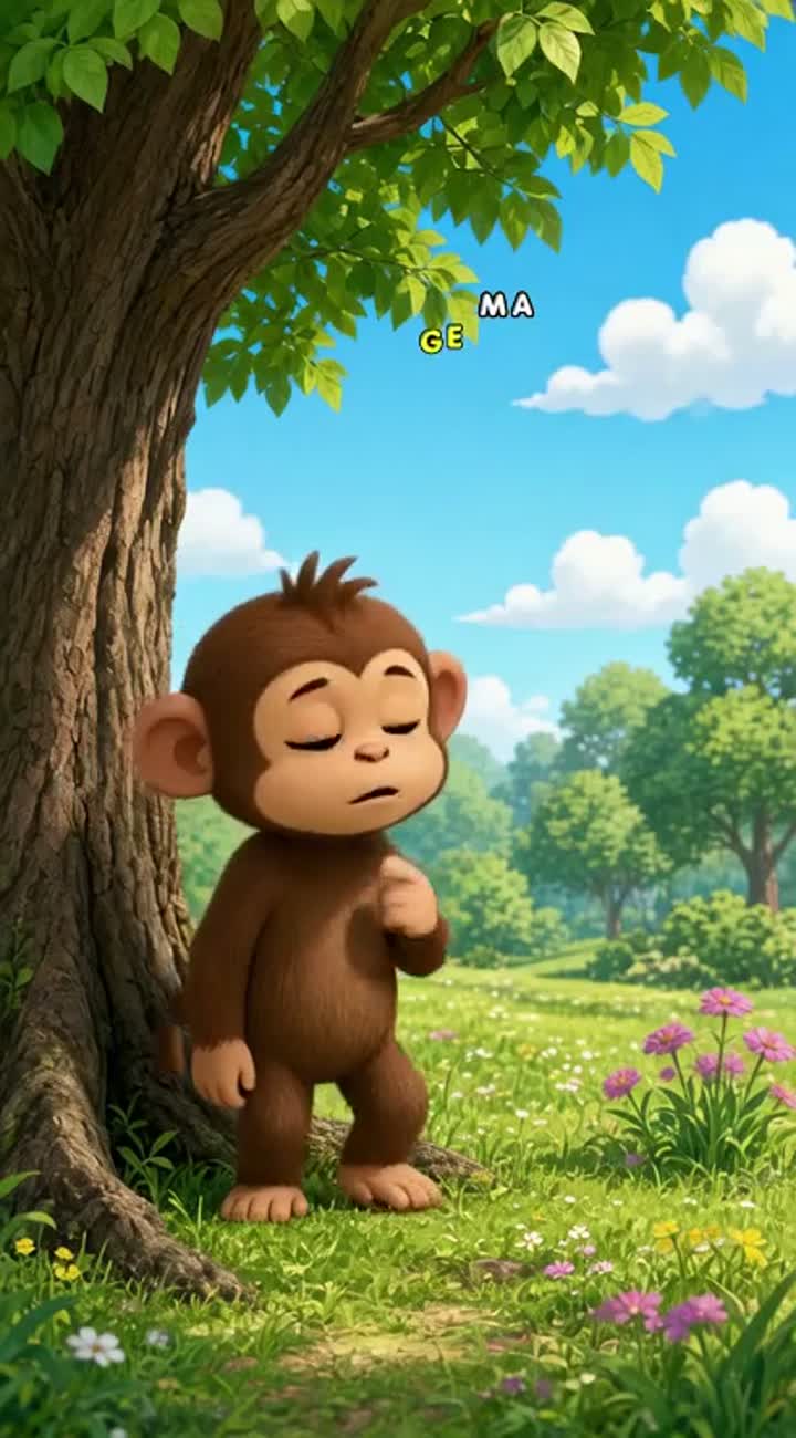 A cute cartoon character, stands beside a tree as a mysterious… — AI cartoon