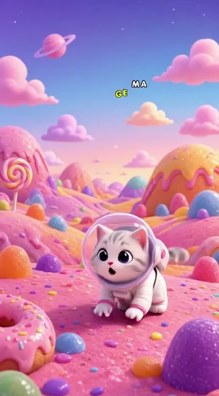 Dkon Dkon the tiny astronaut cat landing on candy planet… — AI cartoon