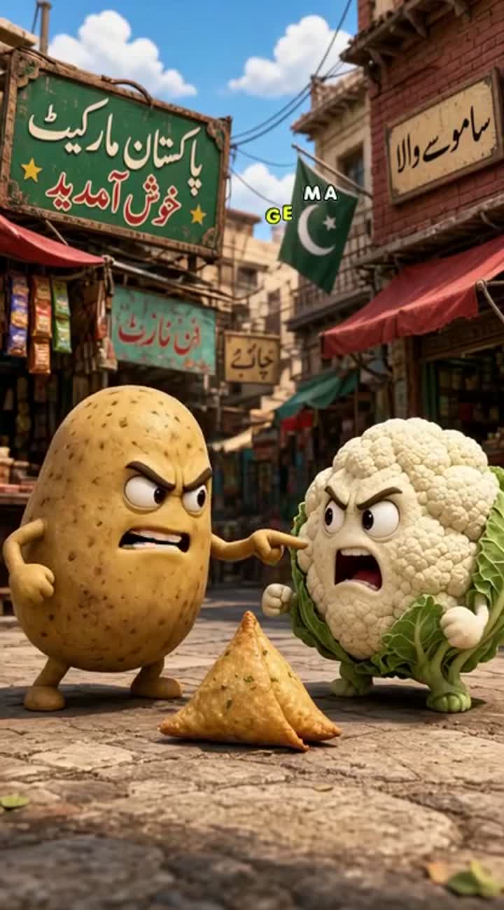A funny 3D cartoon potato and cauliflower arguing over a samosa… — AI cartoon