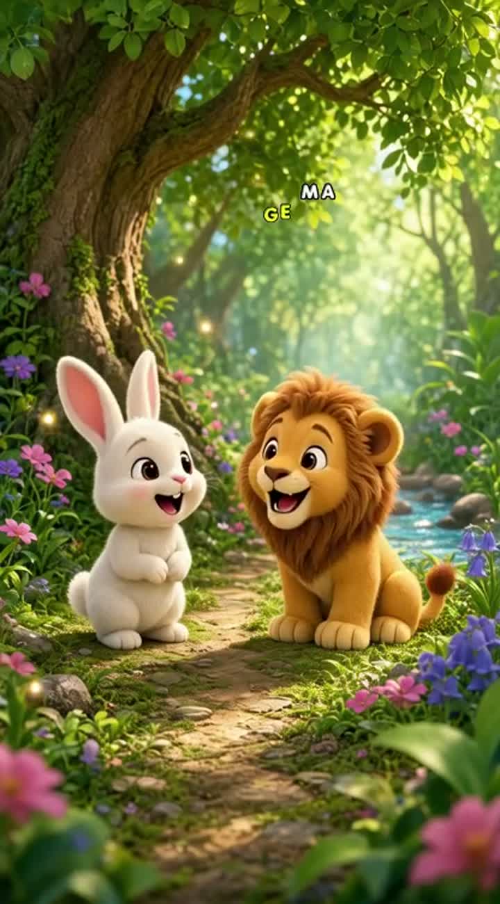 A cute little rabbit meets a friendly baby lion in a beautiful… — AI cartoon