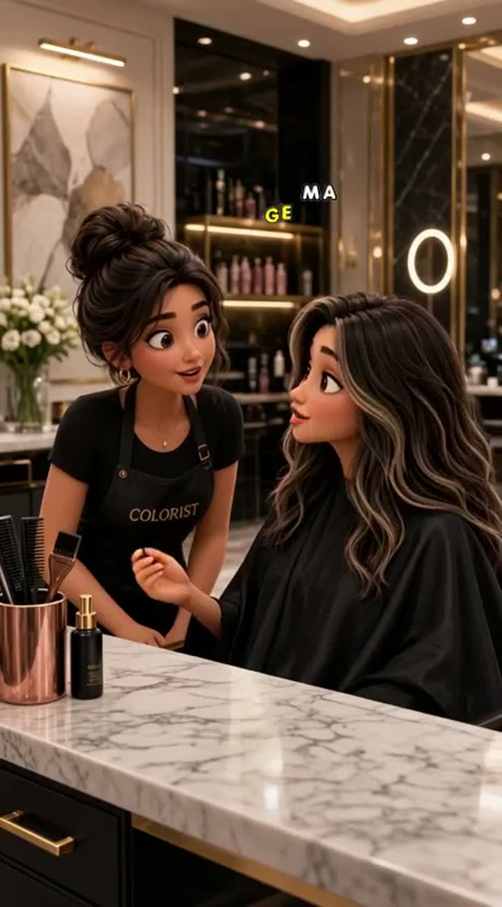 Funny vertical cartoon video inside a luxurious modern hair salon — AI cartoon