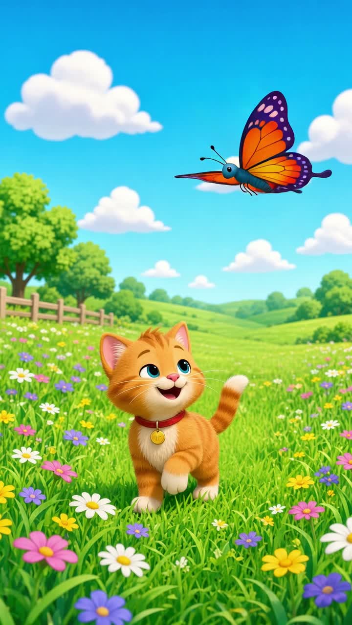 A ginger kitten named Mimi walks through a green meadow… — AI cartoon