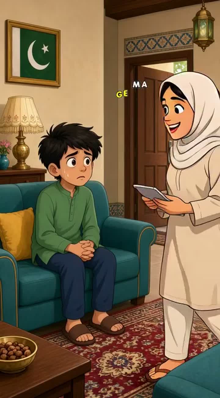 Cartoon of a Pakistani boy sitting nervously on a sofa while… — AI cartoon