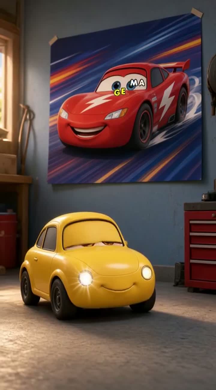 A tiny adorable yellow toy car with big shiny eyes and a happy… — AI cartoon