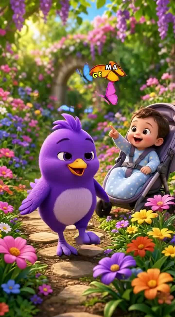 Continue with the exact same purple bird and baby — AI cartoon