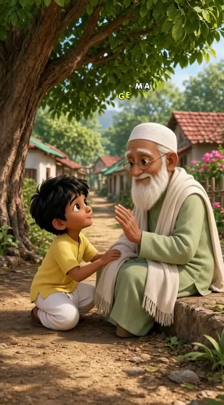 A kind little boy helps a poor old man on a village road — AI cartoon