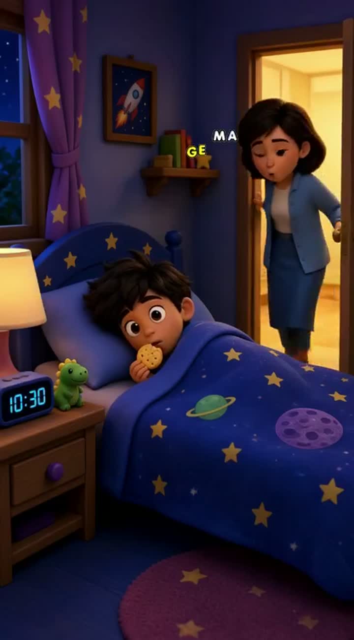 A funny 3D cartoon boy secretly eats biscuits at night — AI cartoon