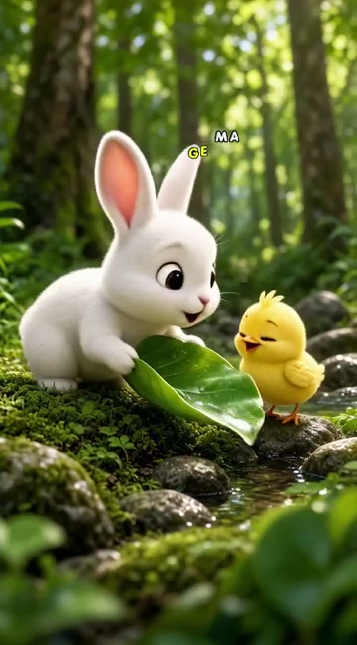 A little white bunny meets a tiny thirsty yellow bird… — AI cartoon