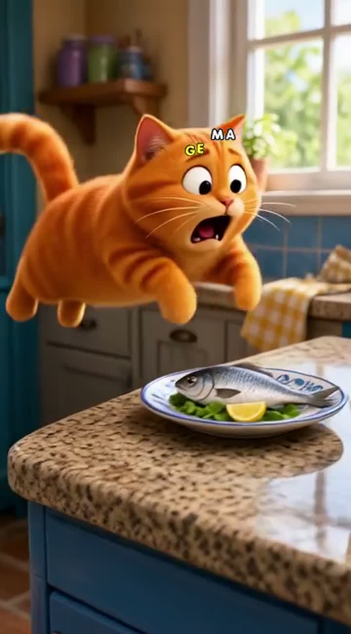 A chubby orange cartoon cat tries to jump onto a kitchen counter… — AI cartoon